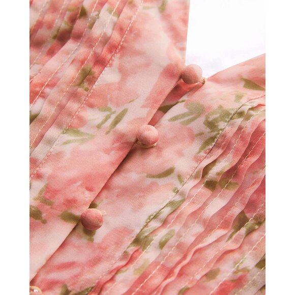 Plus Size Pink Floral Boho Midi Dress V Neck Pockets High Waist Casual - Picture 6 of 7